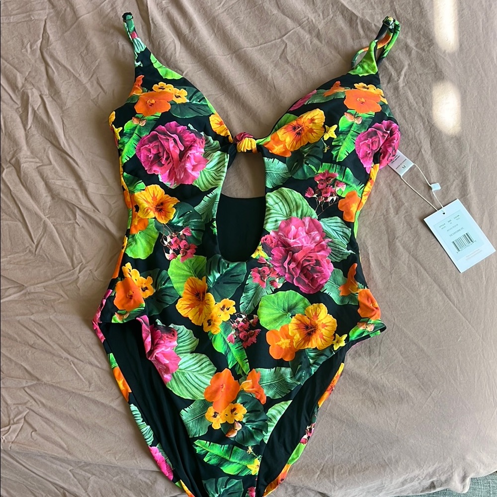 Andie Black and Green One Piece Swim High-Leg Design